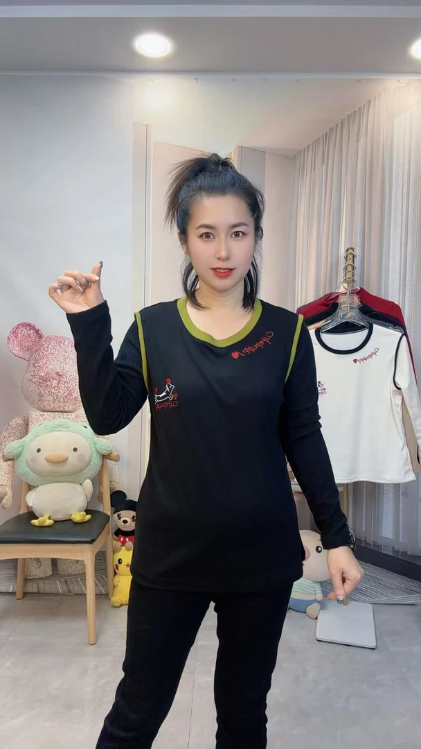 娜娜家冬季新款双面德容刺绣设计大码保暖T恤网红爆款