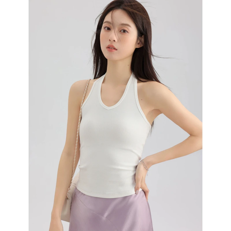 瞌睡兔运动U形无袖挂脖背心女春季内搭修身短款显瘦吊带美背上衣