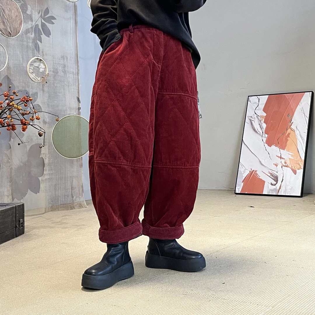 忆古朴拙251112灯芯绒菱形格松紧腰保暖双层夹棉宽松版型八分棉裤