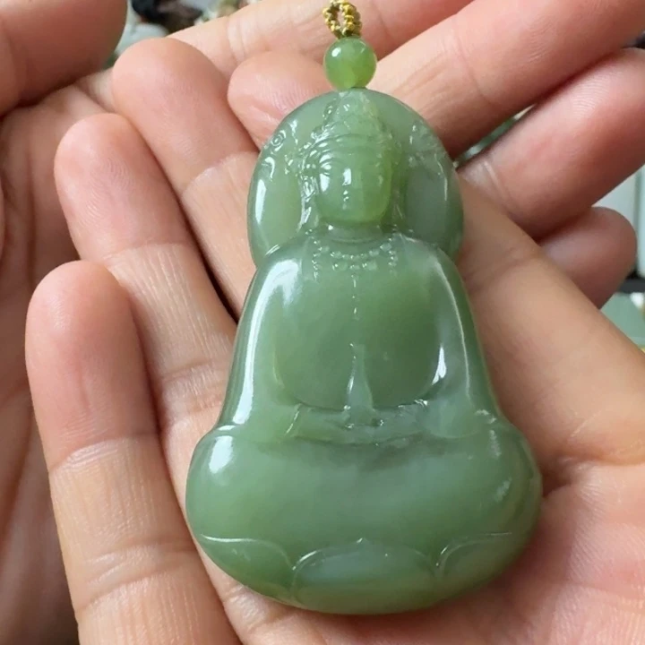和田玉未镶嵌颈饰粉绿猫眼观音