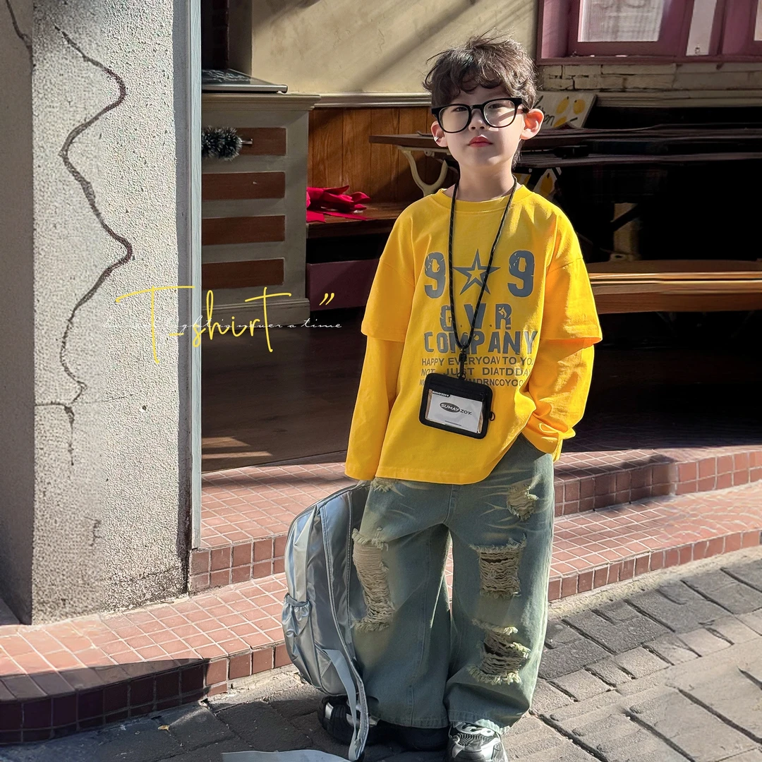 2025男童打底衫童装新款男孩美式字母印花上衣假两件儿童T恤潮