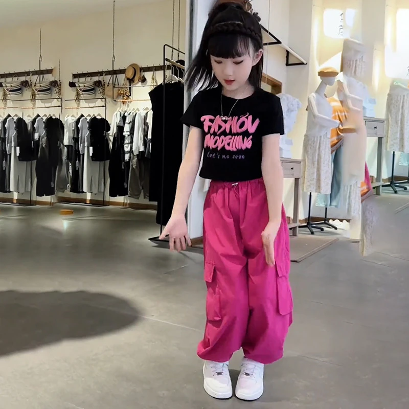 女童夏季套装韩系百搭2025新款中大童女孩时尚打底衫工装裤两件套