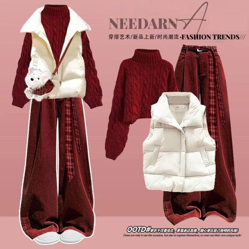 冬季套装女学生韩版宽松红色针织毛衣+棉马甲灯芯绒阔腿裤三件套