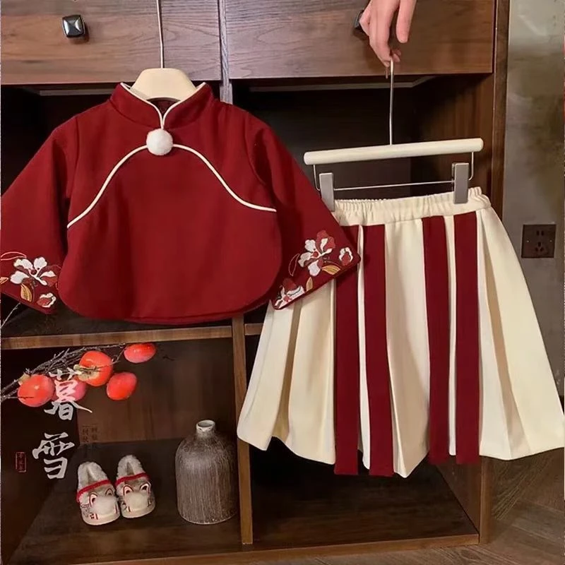 女童汉服唐装拜年服套装2023冬季新款洋气高端秋冬夹棉马面78223