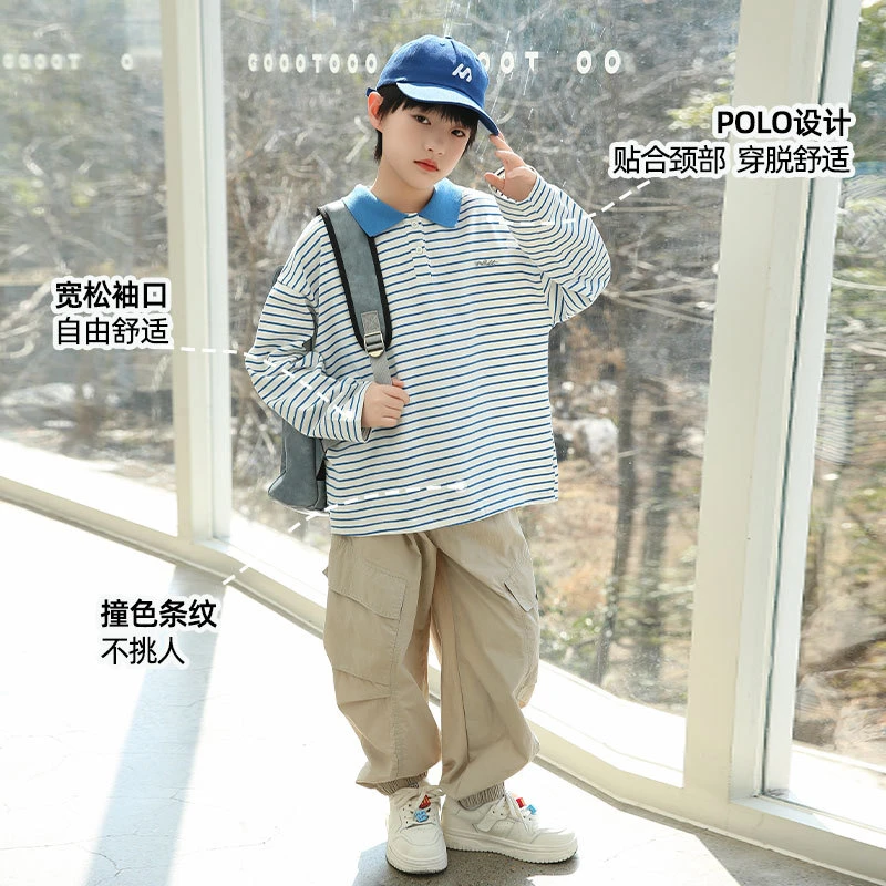 吉米妈童装春装上衣新款纯棉男童POLO衫 男童长袖条纹t恤TXW013