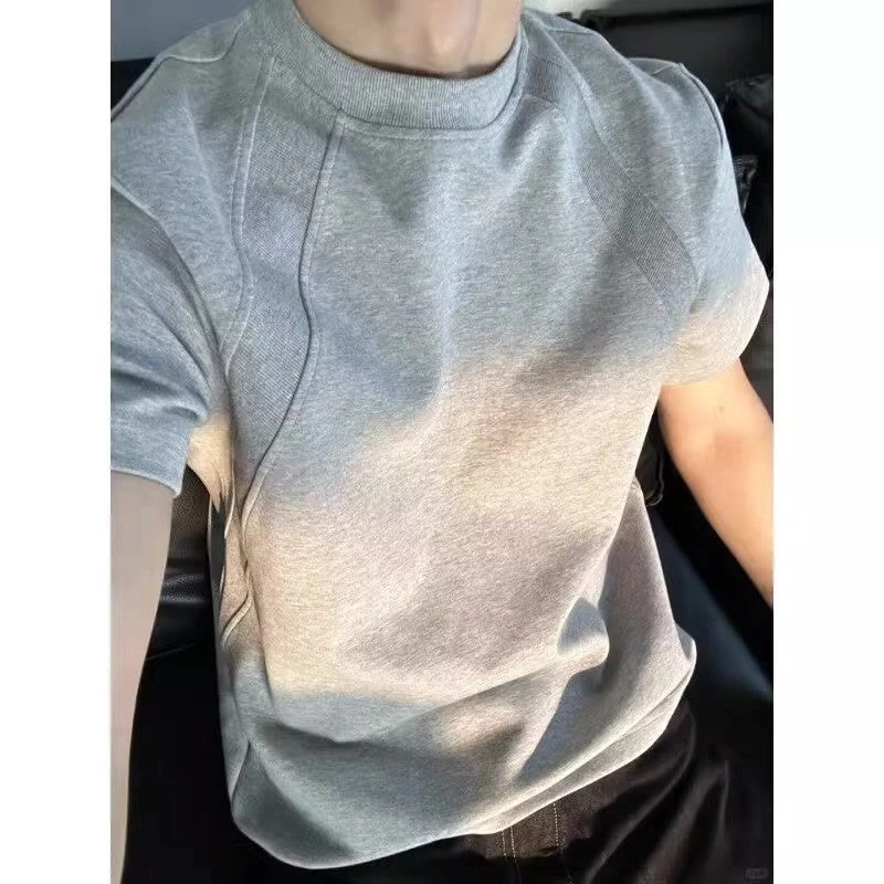 夏季正肩空气层短袖T恤男重磅小领口美式拼接废土风boxy半袖上衣