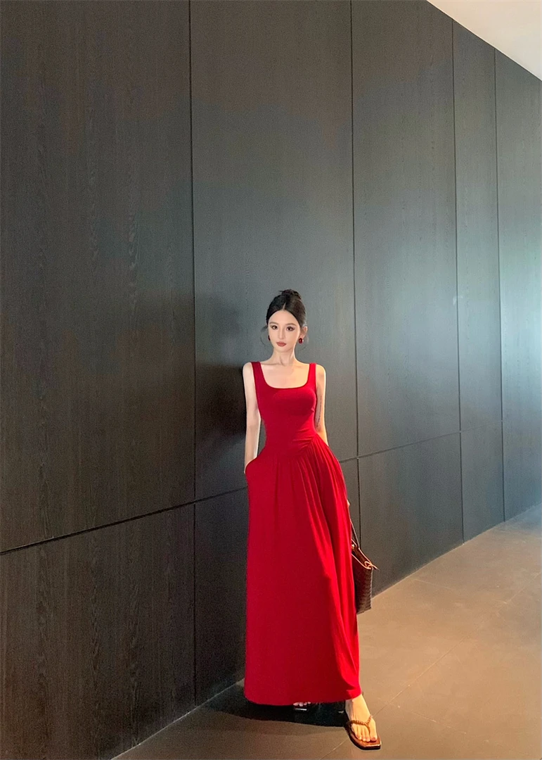 复古法式气质吊带连衣裙修身裙子显瘦收腰A字长裙#22744