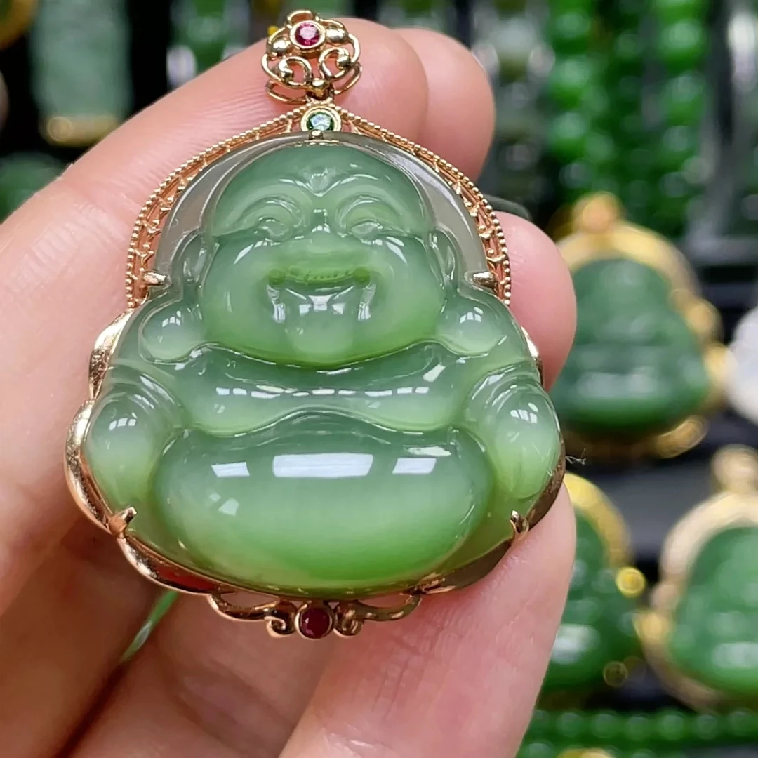 猴教授珠宝18k金碧玉冰底粉绿猫眼佛公吊坠裸石30mm
