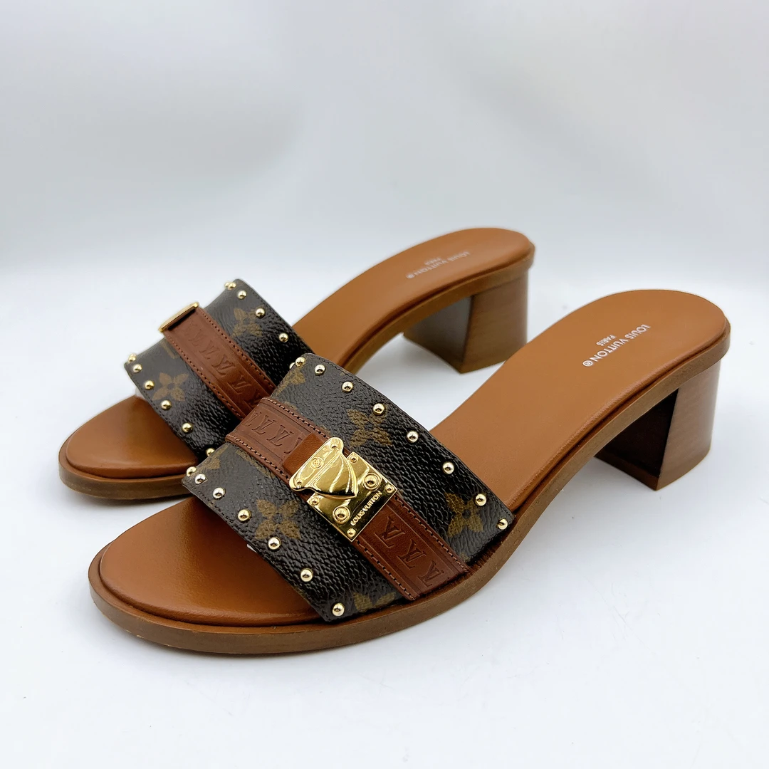 95新 LouisVuitton/路易威登 39码/经典老花锁扣高跟凉拖/BM00933
