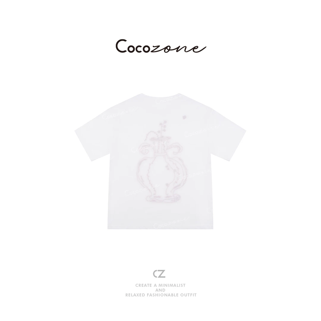 COCO ZONE 刘一一【汉麻棉混纺】宽松艺术刺绣圆领T恤 CD1A0516