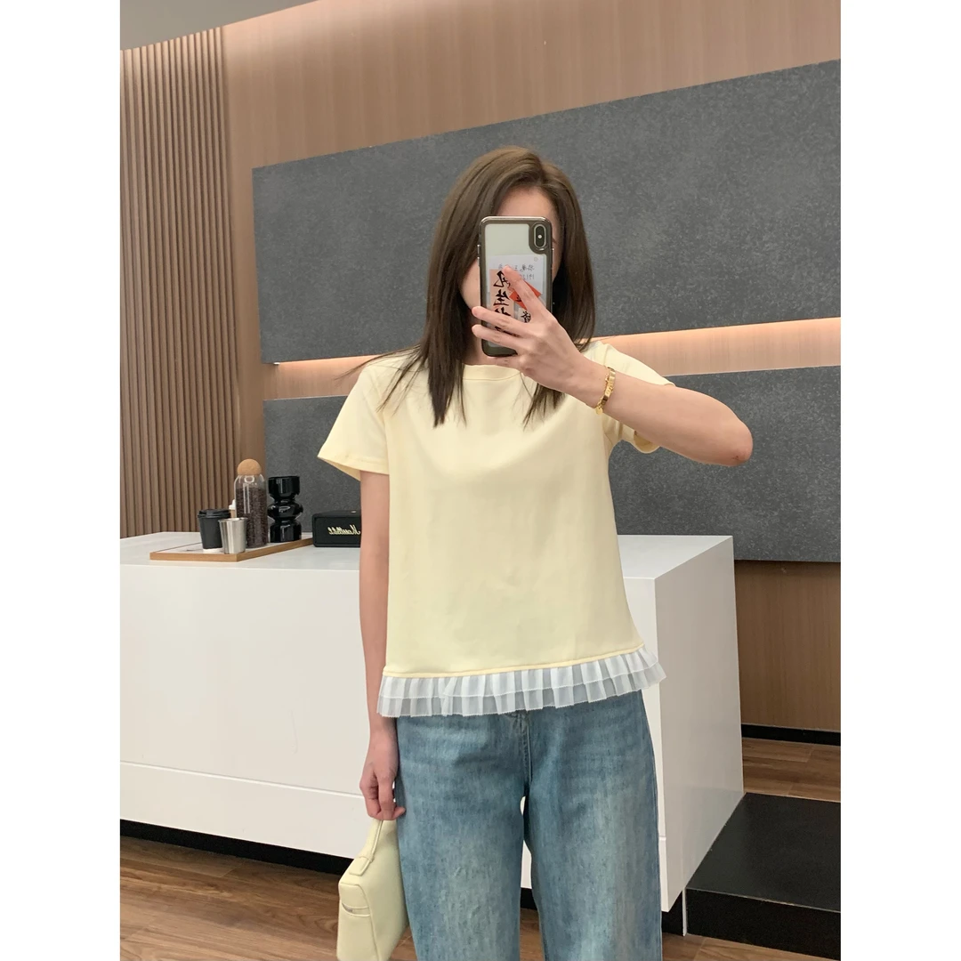 【折扣】YO定制设计感拼接蕾丝显瘦短袖T恤百搭叠穿圆领打底衫上衣