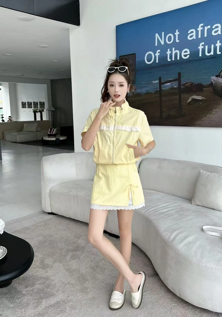 6026#法式时尚气质小香风蕾丝拼接两件套【衣长50裙长40】