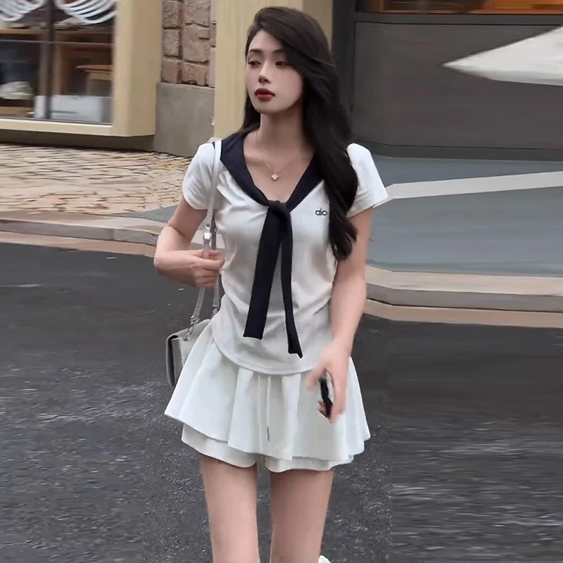 时尚休闲套装女2025夏季新款洋气质显瘦海军领T恤芭蕾裙裤两件套