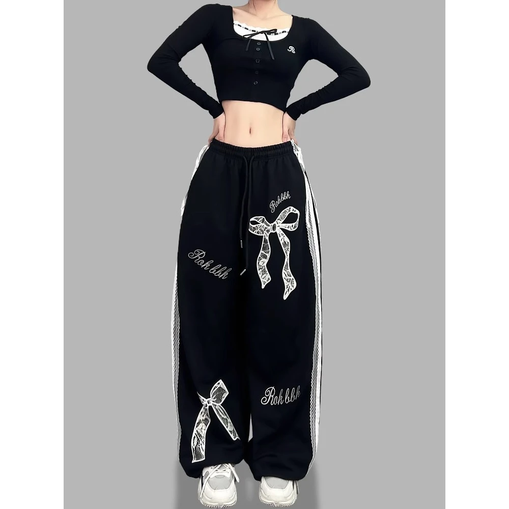 街舞蕾丝边条拼接蝴蝶结美式潮酷穿搭爵士舞松紧腰休闲宽松阔腿裤