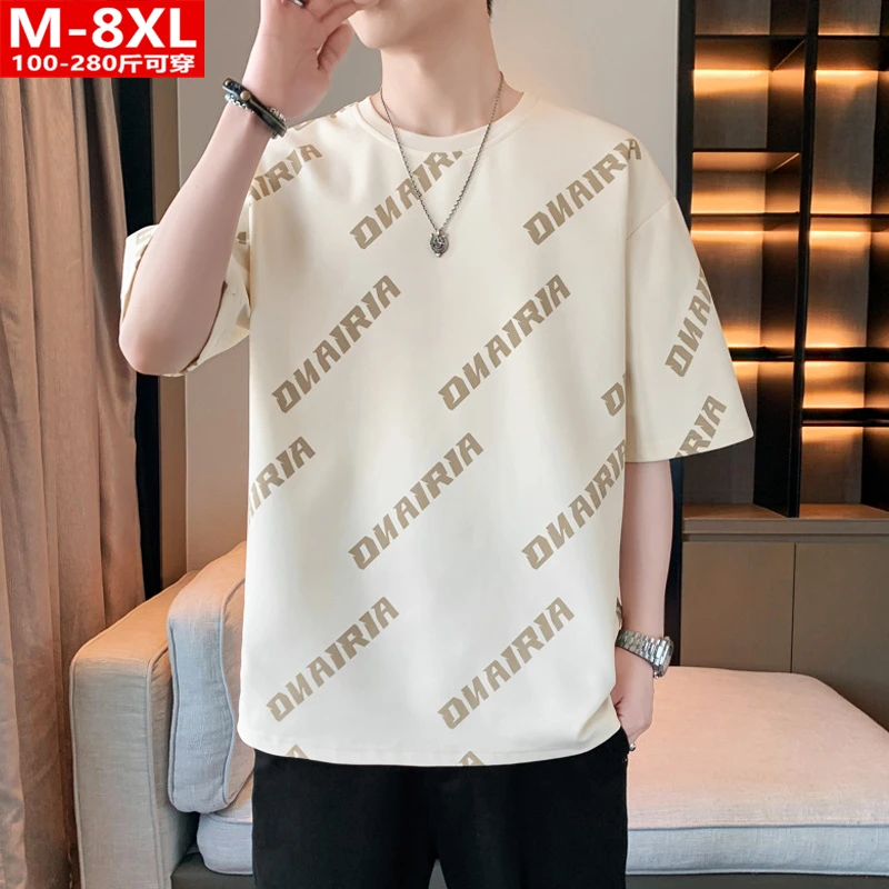 夏季潮流港风男装印花圆领短袖T恤 胖男士加肥加大码宽松休闲体恤