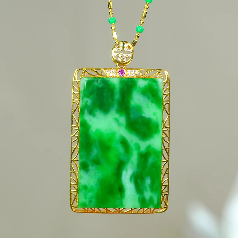 K金镶嵌大气经典镂空花丝工艺天然飘花翡翠A货无事牌单吊坠