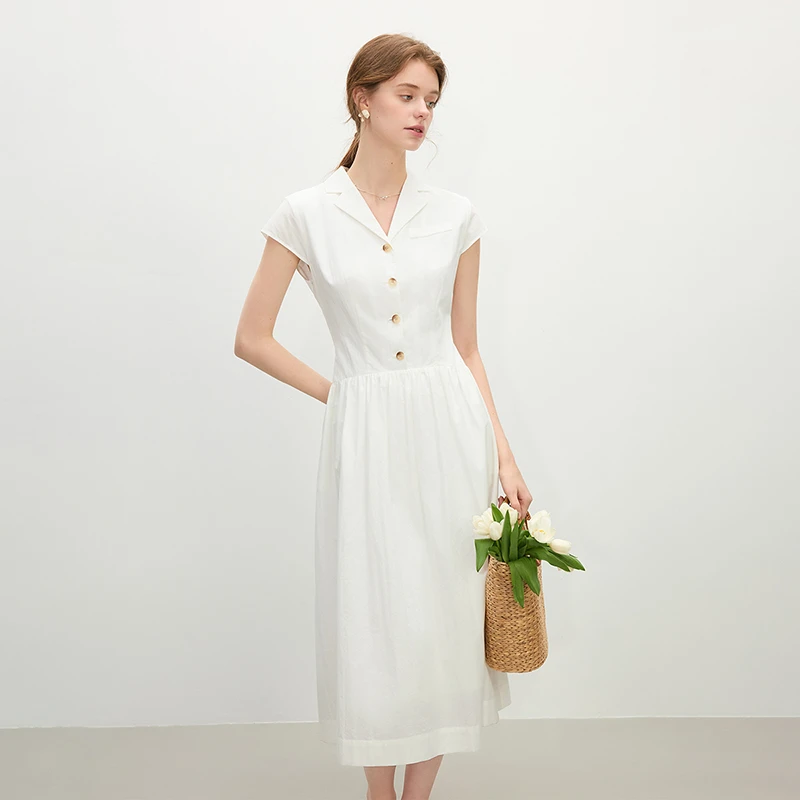 范思蓝恩法式复古翻领衬衫女夏2025新款高腰A字连衣裙25FS12319