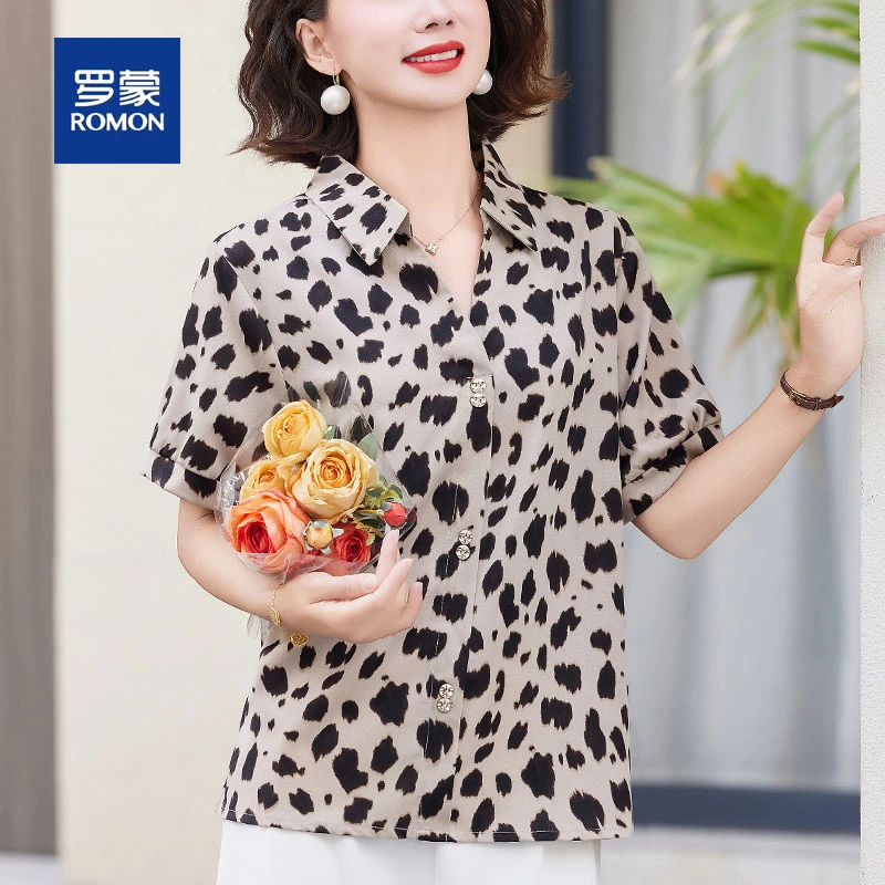 罗蒙时尚妈妈夏装新款短袖衬衫套装洋气中老年人女宽松小衫上衣服