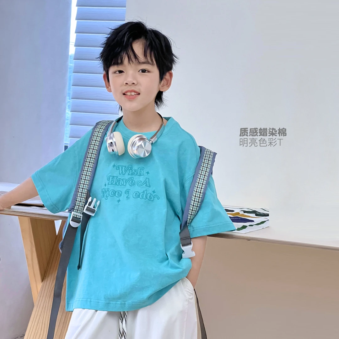 男童蓝色短袖t恤夏季潮牌蜡染棉少年感上衣时尚潮流百搭5059750O9