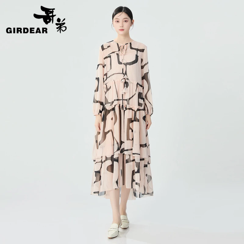 哥弟 温柔风宽松系带两件套印花连衣裙1500540长款