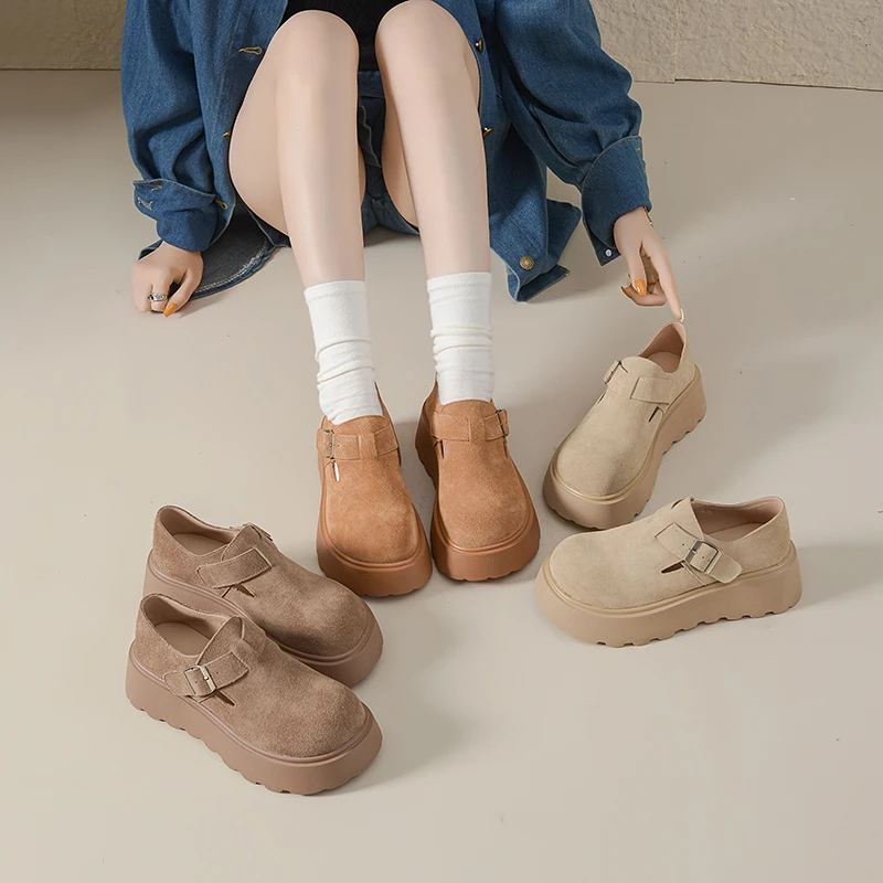 她爱淘增高厚底5CM牛皮勃肯鞋女加绒2025秋冬新款一脚蹬乐福鞋女