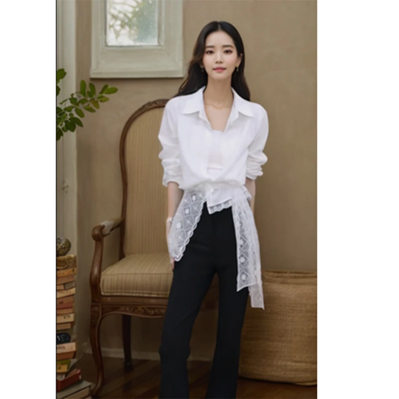 【箐秀秀宝女装】春季新款百搭蕾丝披肩+衬衫两件套显瘦气质法式