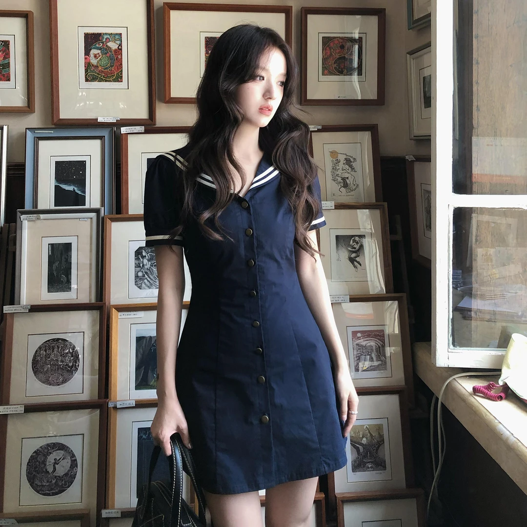 学院风海军领短袖连衣裙子女夏季2025新款收腰休闲显瘦a字裙4656