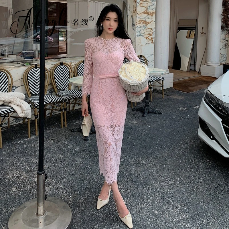 新款女装法式复古高级感气质优雅时尚蕾丝连衣裙高腰显瘦长裙礼服