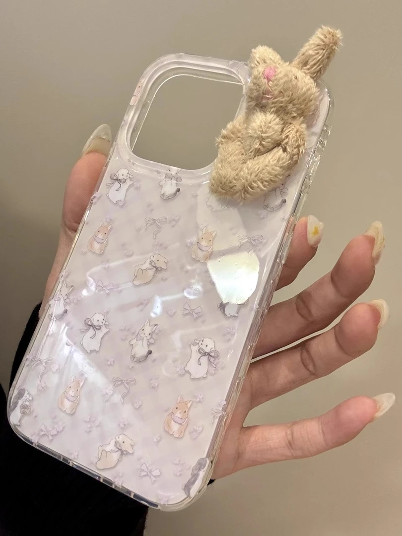 碎花小紫兔兔子公仔适用iPhone16苹果15手机壳华为oppo小米14vivo