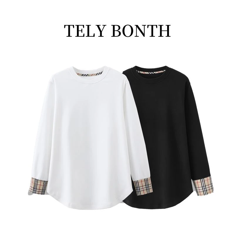 欧洲站中长款经典格子双面绒拼接衬衣袖打底衫