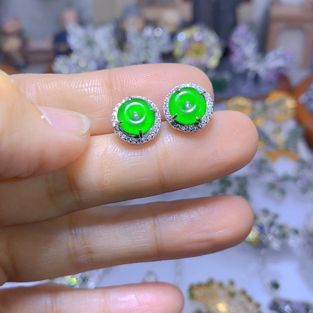 翡翠耳钉银S925镶嵌天然翡翠