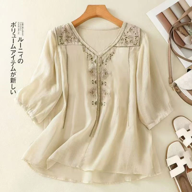 【现货+运补贴】棉麻复古衬衫刺绣夏季宽松文艺衬衣小衫上衣V343
