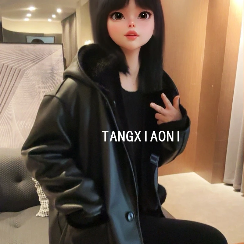 加长加大版 【黑色夜曲】阔廓带毛 草草一体皮外套潮牌女装