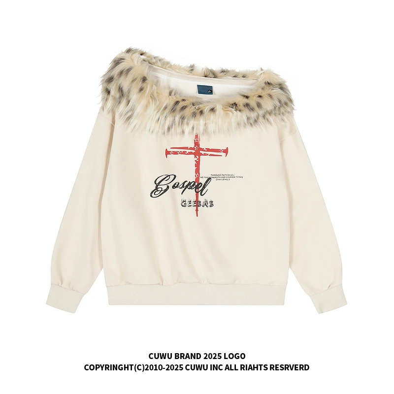 cuwu美式高街十字架印花一字肩毛领长袖卫衣女秋季慵懒风宽松上衣