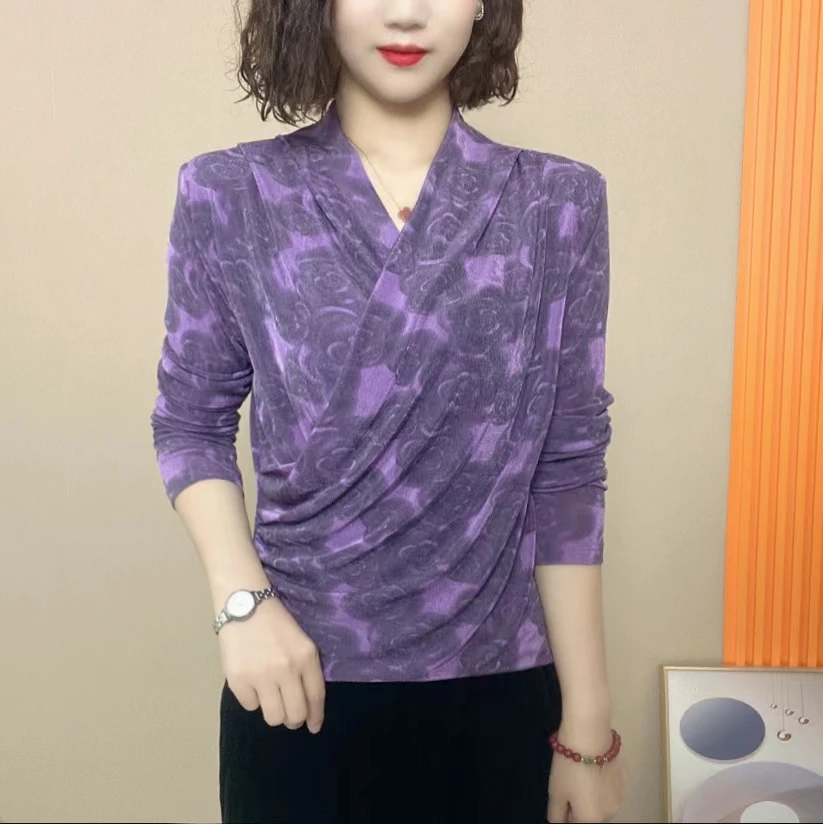 2025春季新款长袖气质交叉v领显瘦女烫金印花百搭洋气打底衫336