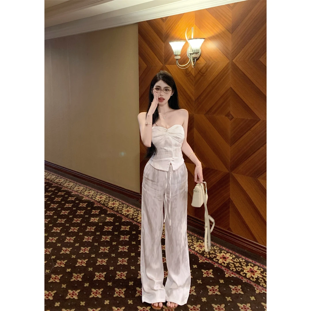 纯欲风艺术感翡翠丝暗纹防滑抹胸上衣宽松阔腿长裤套装*清8508