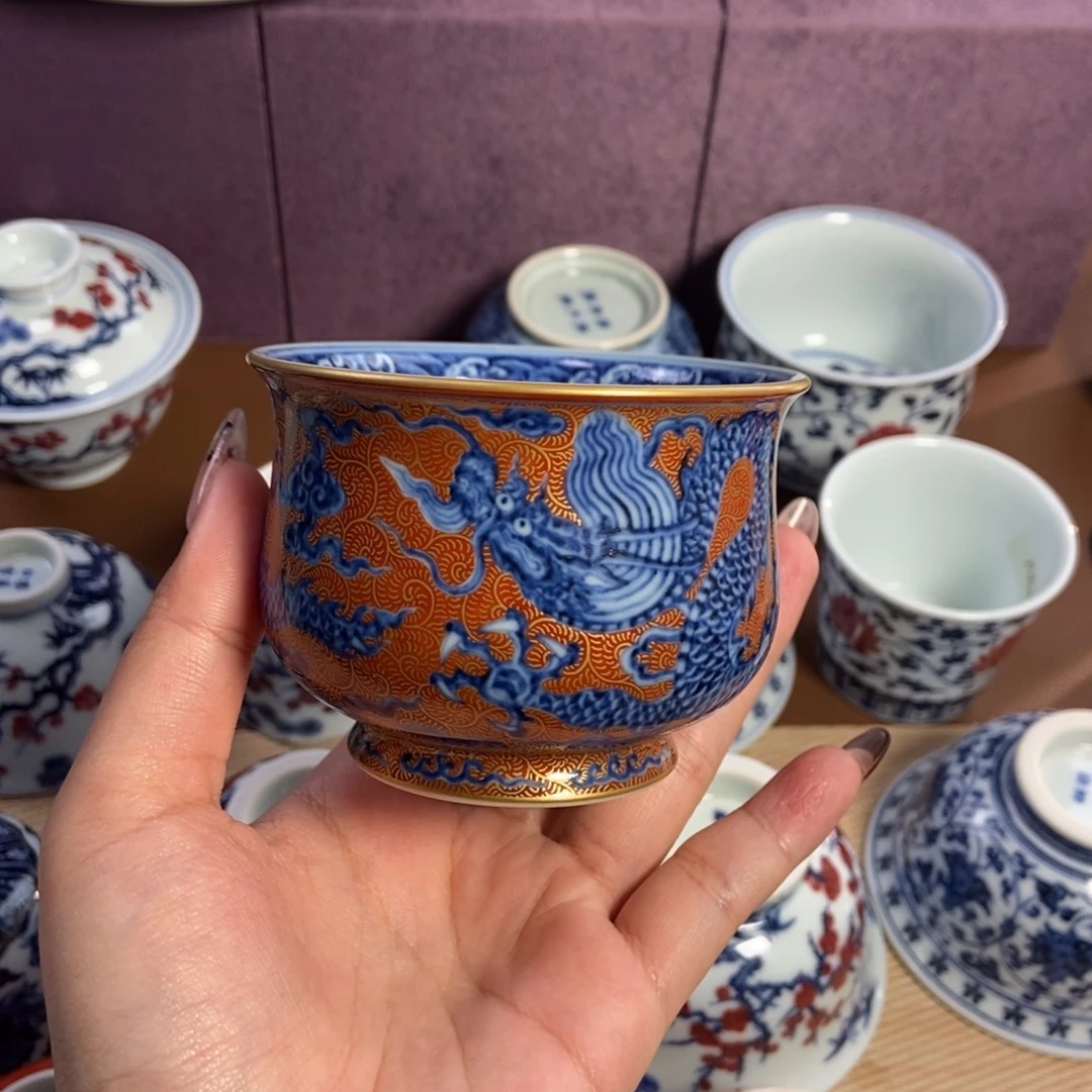 陶宣之堂青花矾红描金龙纹炉式杯