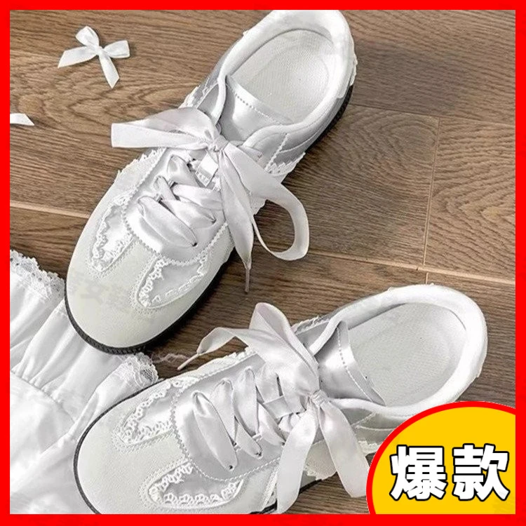 银色运动鞋女2025夏季蕾丝拼色德训鞋芭蕾厚底小白鞋银色德训鞋