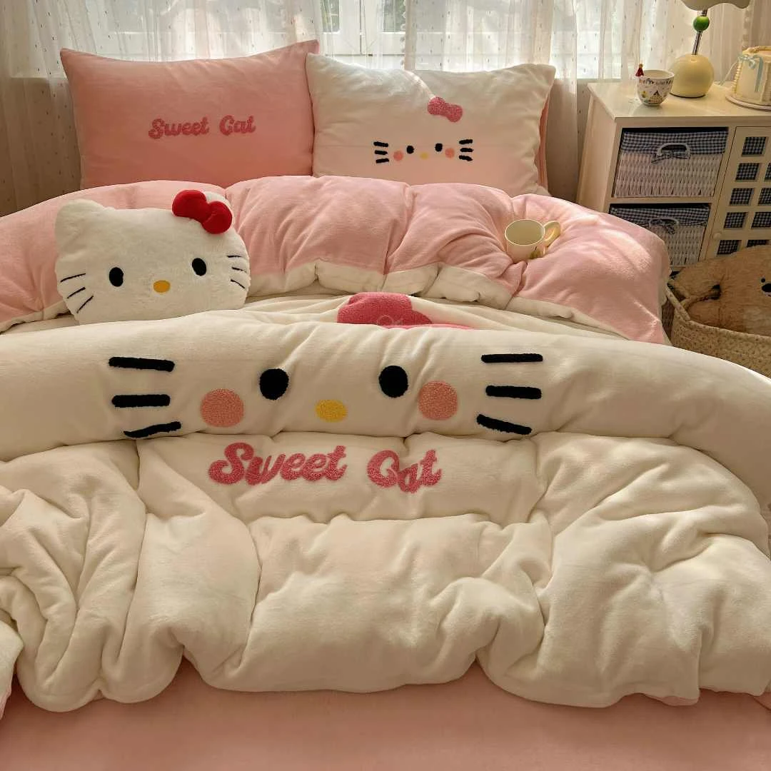 母婴A类-冬季加厚牛奶绒四件套KT猫卡通双面绒学生宿舍单人三件套