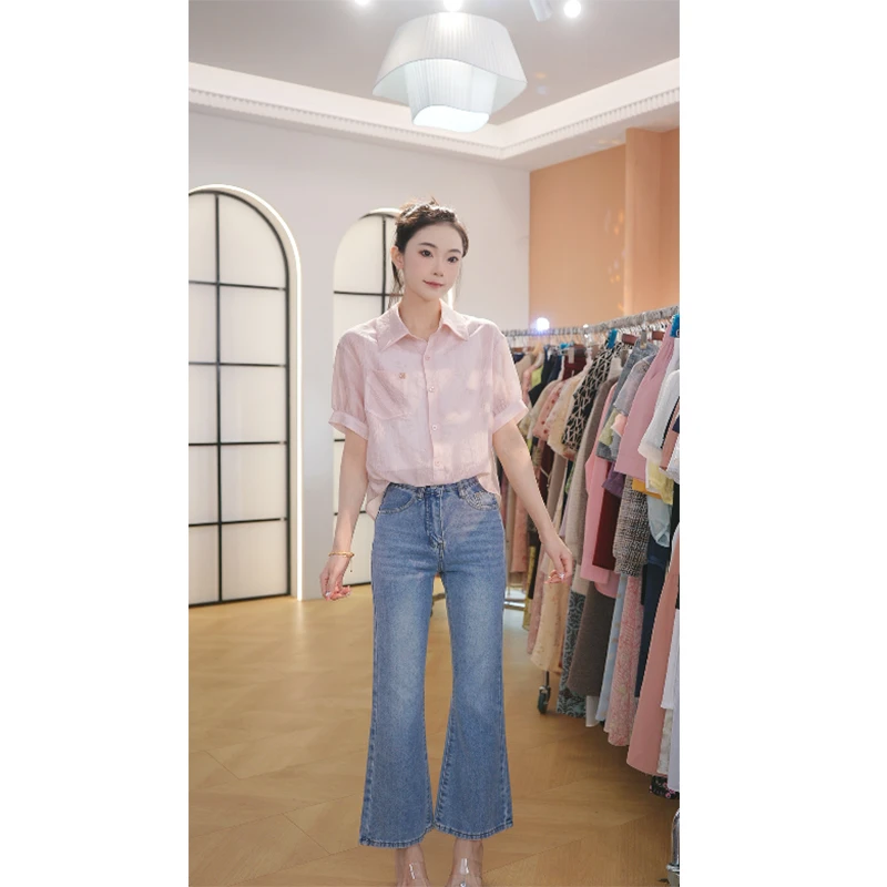 2025爆款新款蓝色微喇九分牛仔裤高腰显瘦显瘦轻奢高级感百搭裤子