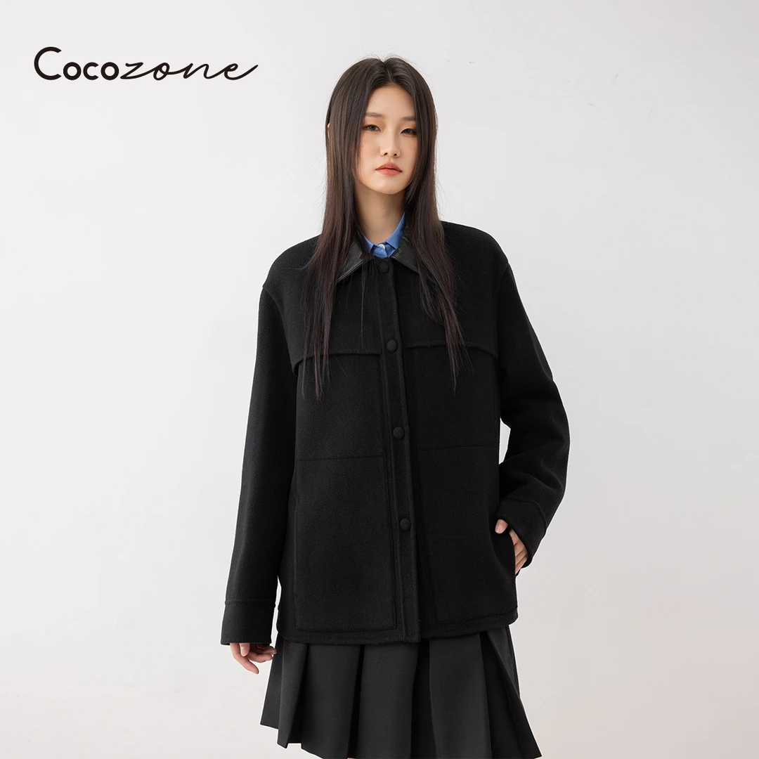 COCO ZONE 刘一一100绵羊毛高级感撞色拼接翻领外套CC1C1988