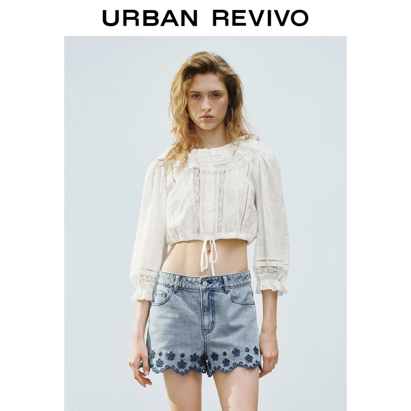 UR2025秋季新款女装芭蕾风拼接蕾丝泡泡袖开襟衬衫UYL250048