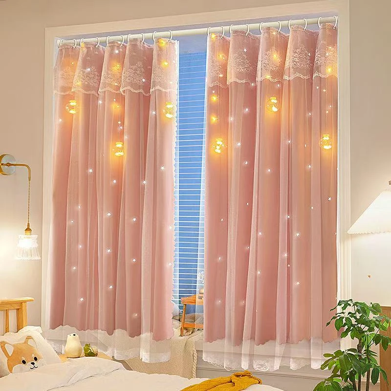 免打孔安装窗帘全遮光双层带纱防晒隔热卧室飘窗遮阳帘法式轻奢帘