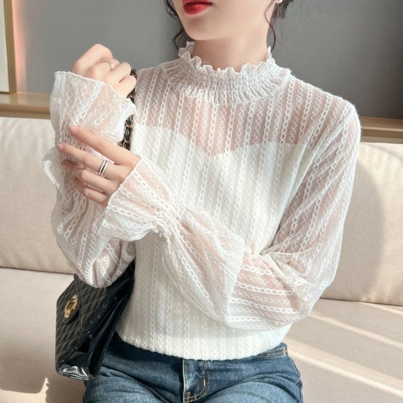 加绒磨毛蕾丝衫打底衣秋冬条纹植绒百搭上衣毛衣内搭网纱新