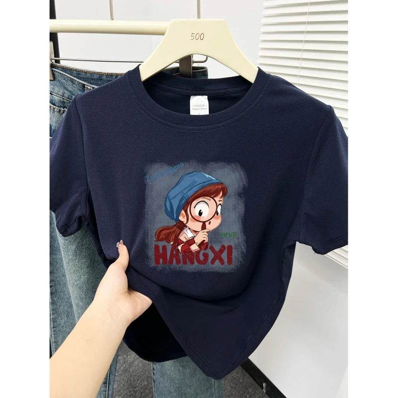 大码女装正肩短袖t恤夏季微胖mm韩版洋气小女孩印花圆领半袖上衣