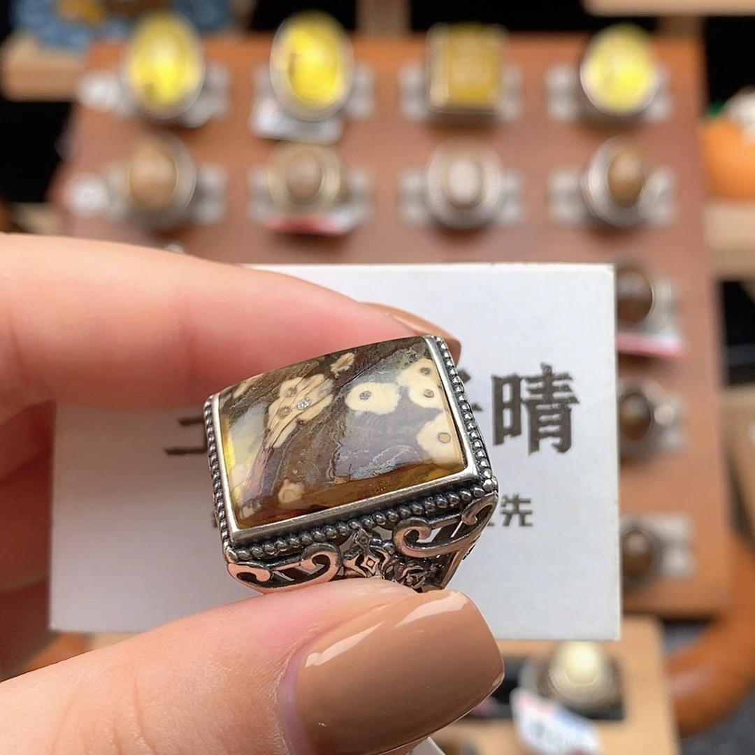 琥珀银S925镶嵌戒指琥珀