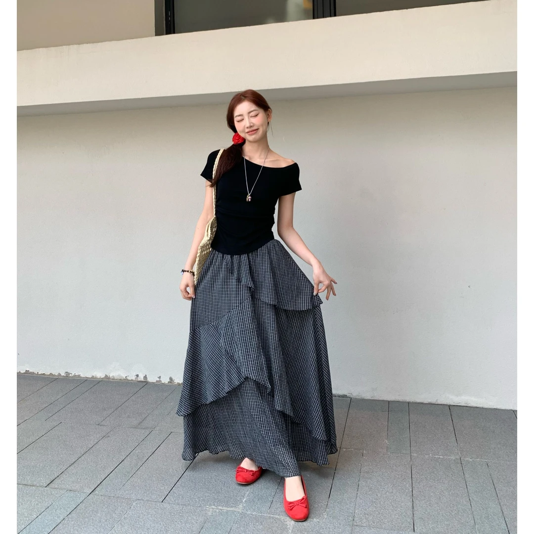 小羊【不规则格子裙】黑色格子气质半身裙【3168】