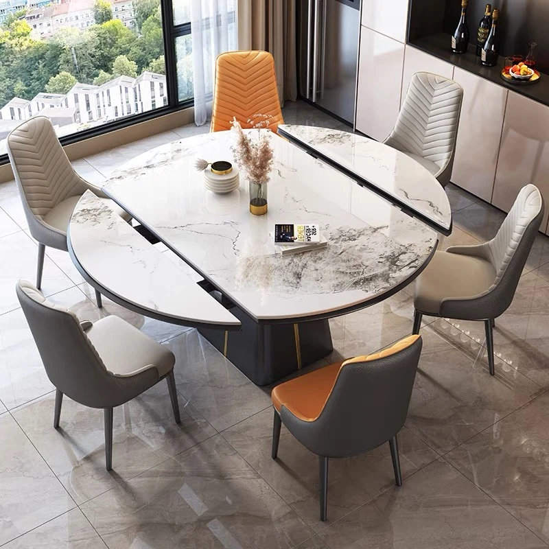 方圆两用款岩板跳台加厚全托底板现代轻奢风格餐桌转盘可转动餐桌