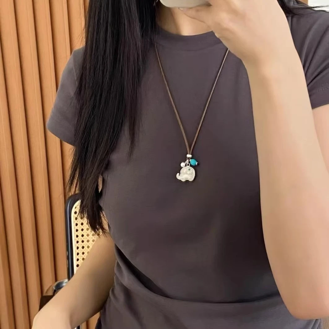 吊坠足银 时尚新款吉祥百搭可爱小象简约设计感编织绳项链送女友