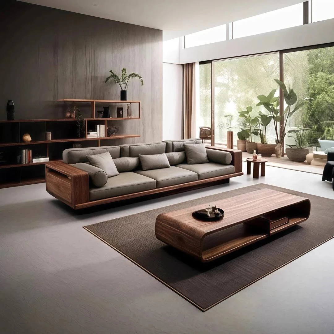 新中式北美黑胡桃木客厅沙发组合简约实木轻奢直排办公室休闲沙发